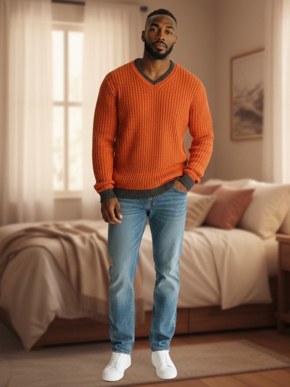 Guess Men's V‑Neck Ribbed Sweater 100% Wool in Orange XXL